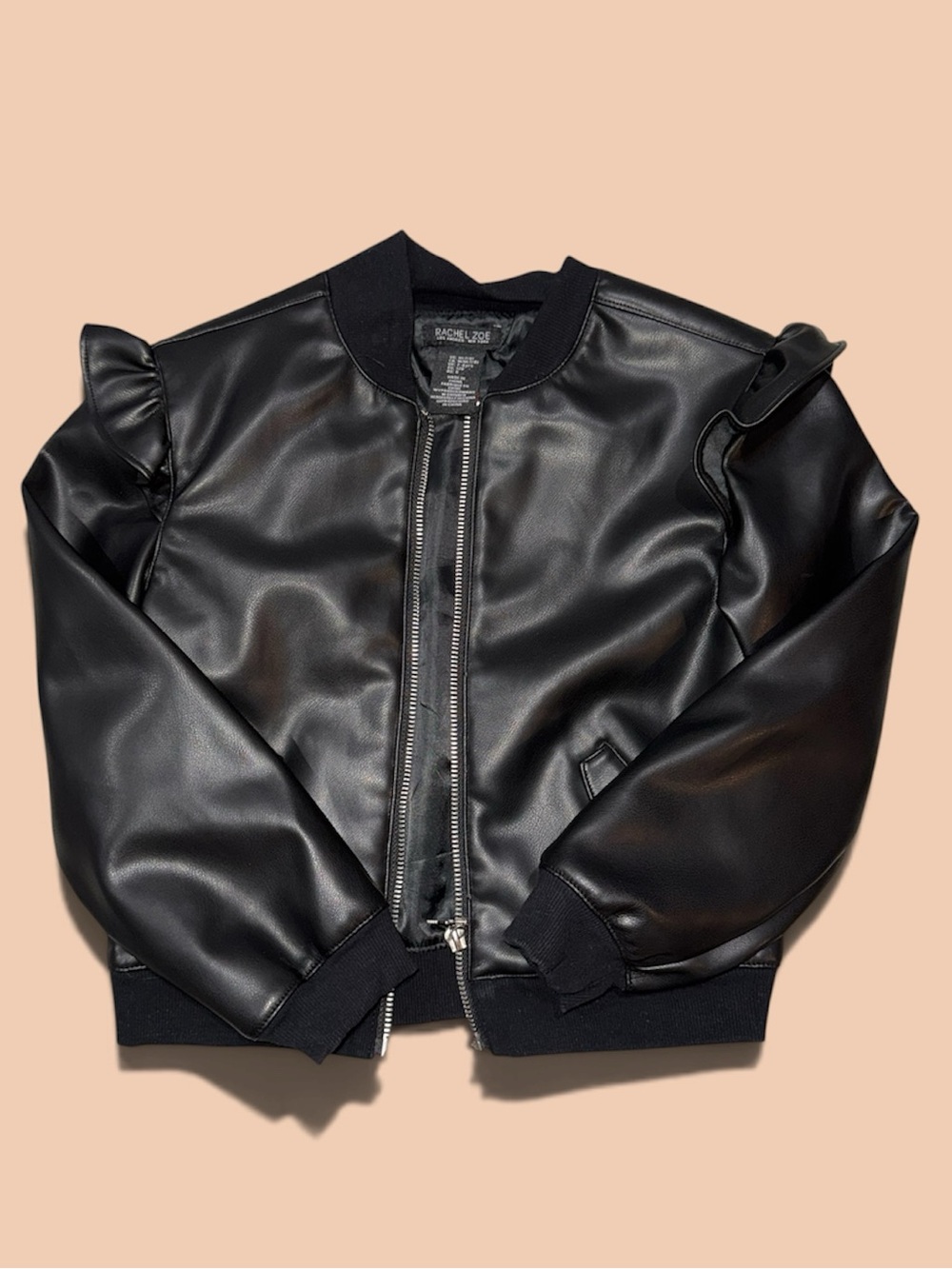 Rachel Zoe Black Faux Leather Bomber Jacket with Ruffle Shoulders